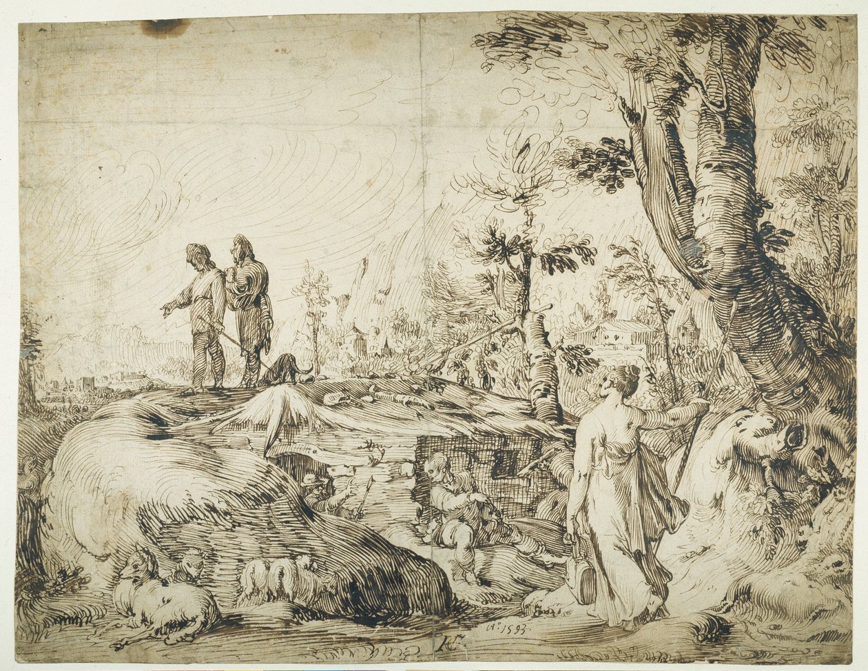 Landschaft mit Bauern bei einer Hütte von Hendrik Goltzius