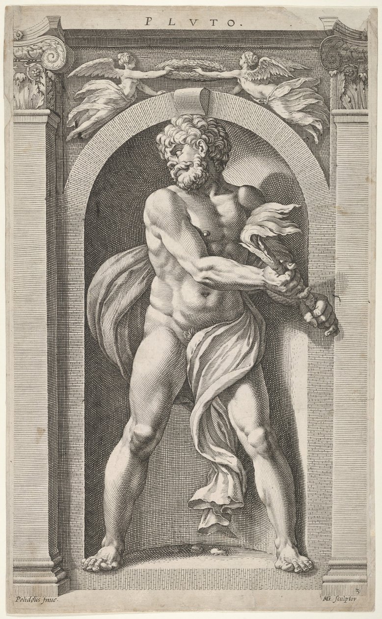 Pluto, auf der Rückseite Skizzen einer Figur, vier Köpfe und eine Säule, 1592 von Hendrik Goltzius