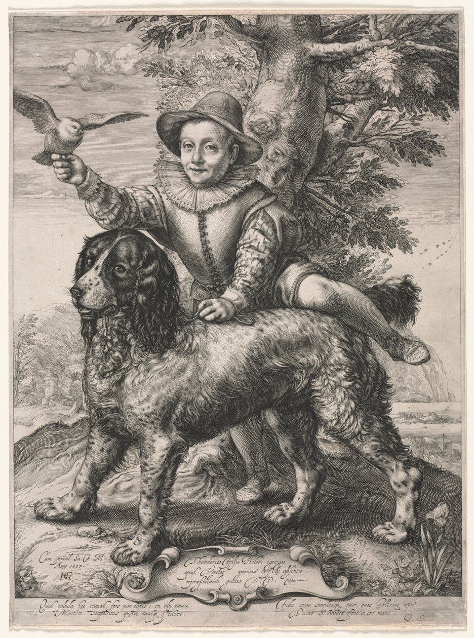 Porträt von Frederick de Vries und seinem Hund von Hendrik Goltzius