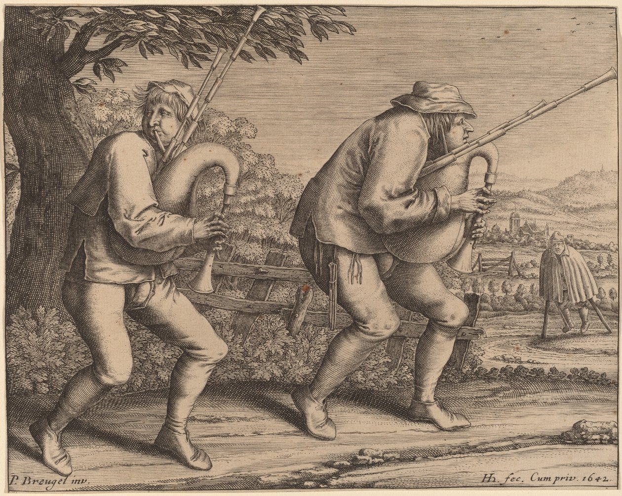 Zwei Dudelsackspieler von Hendrik Hondius I after Pieter Bruegel the Elder