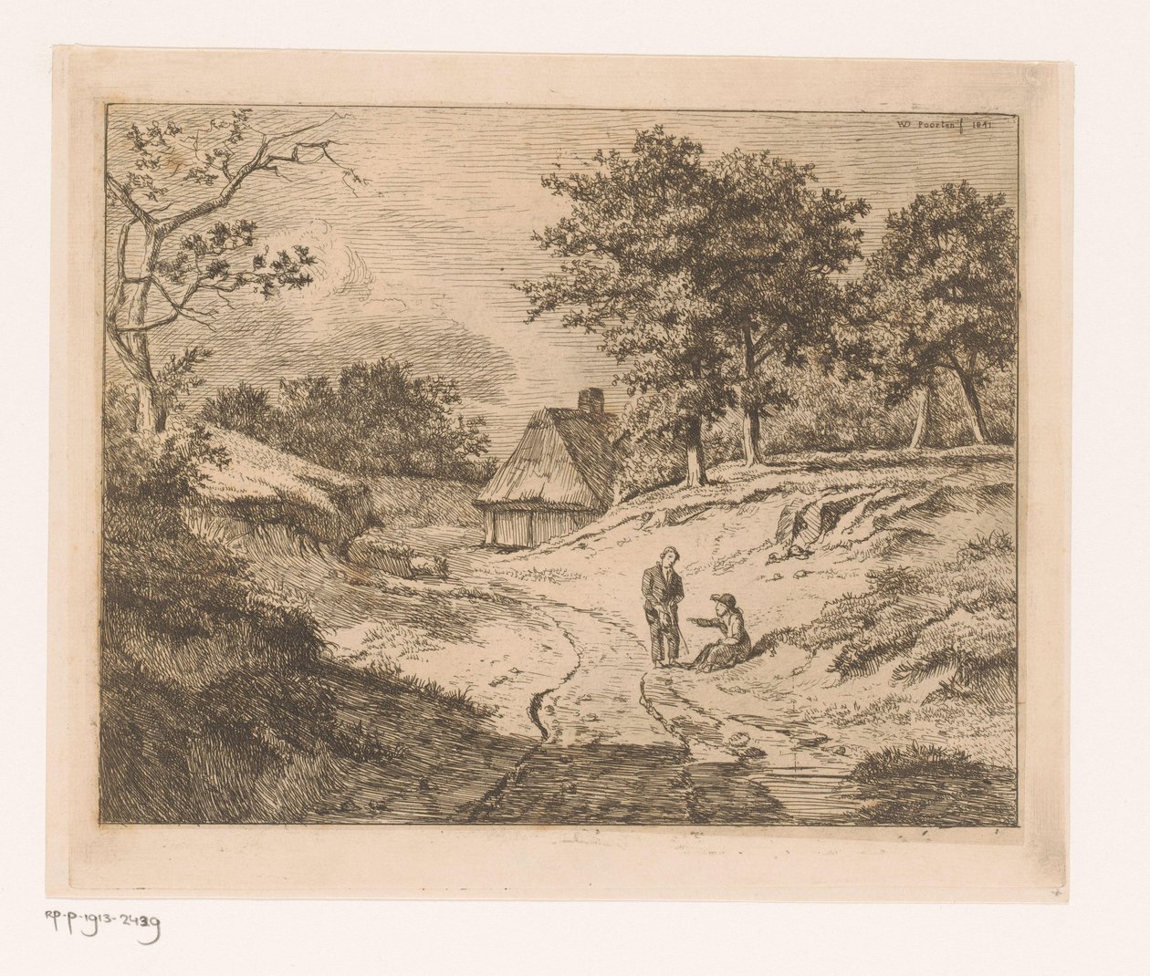 Landschaft mit Person, die einem anderen den Weg weist von Hendrik Jozef Franciscus van der Poorten