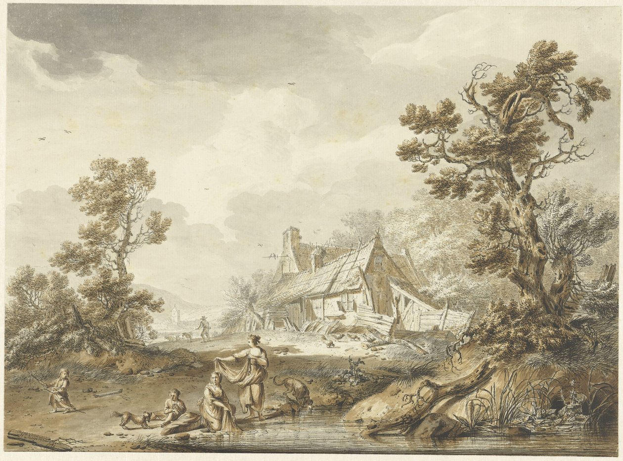 Bauernhof mit waschenden Frauen im Vordergrund von Hendrik Meijer