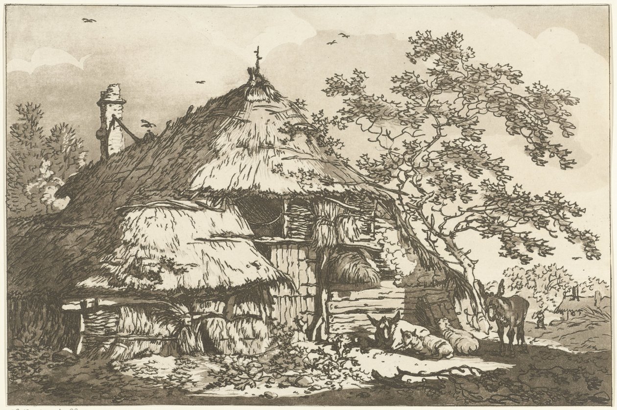 Bauernhof mit einer Kuh, zwei Schafen und einem Esel auf dem Hof von Hendrik Meijer