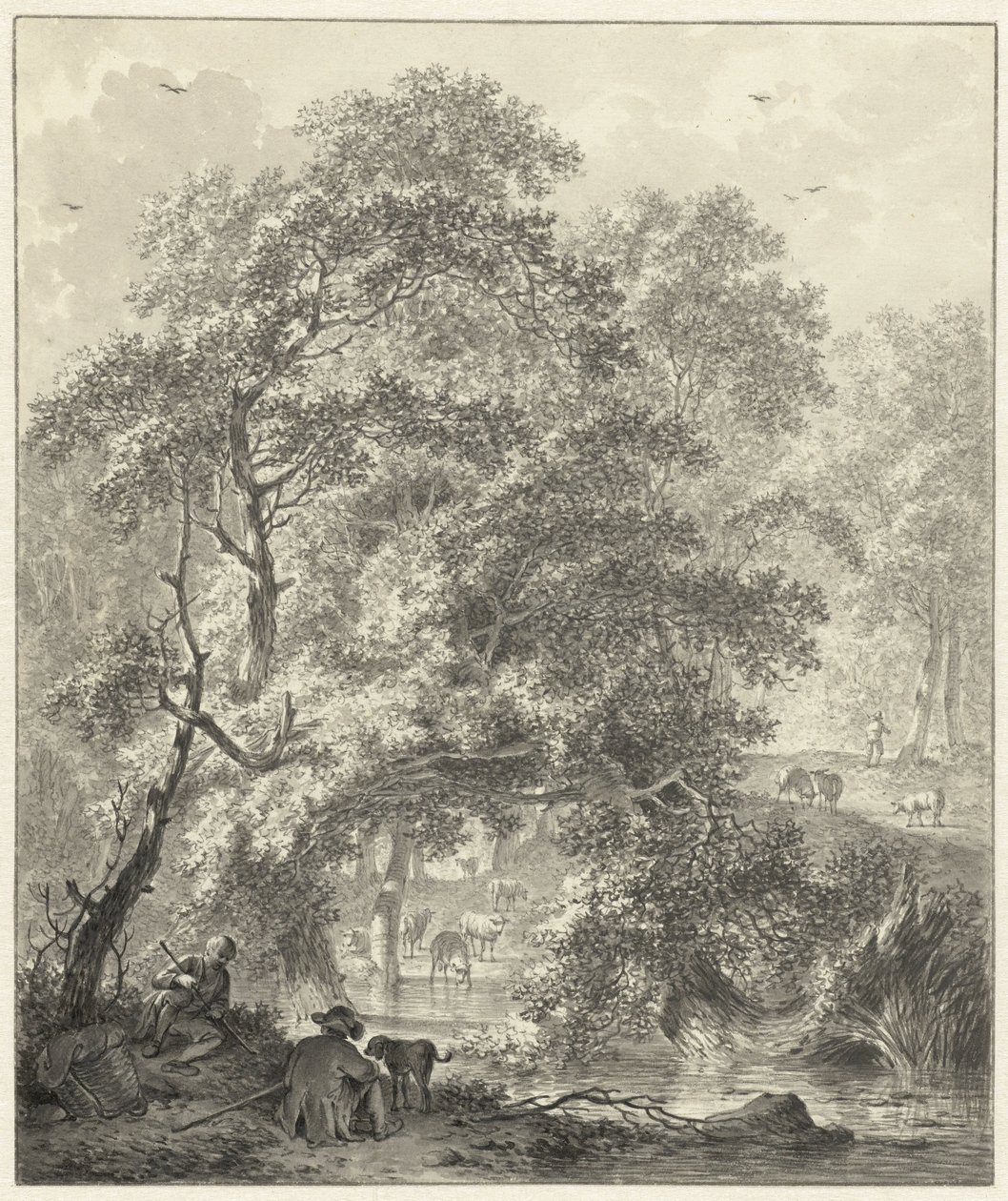 Waldlandschaft mit zwei Jungen und einem Hund, die am Wasser sitzen von Hendrik Meijer