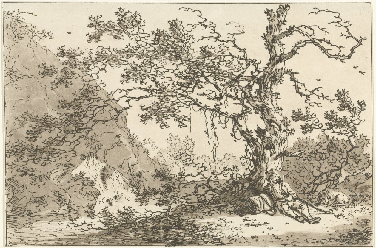 Ruhender Reisender mit seinem Hund in einer Landschaft von Hendrik Meijer
