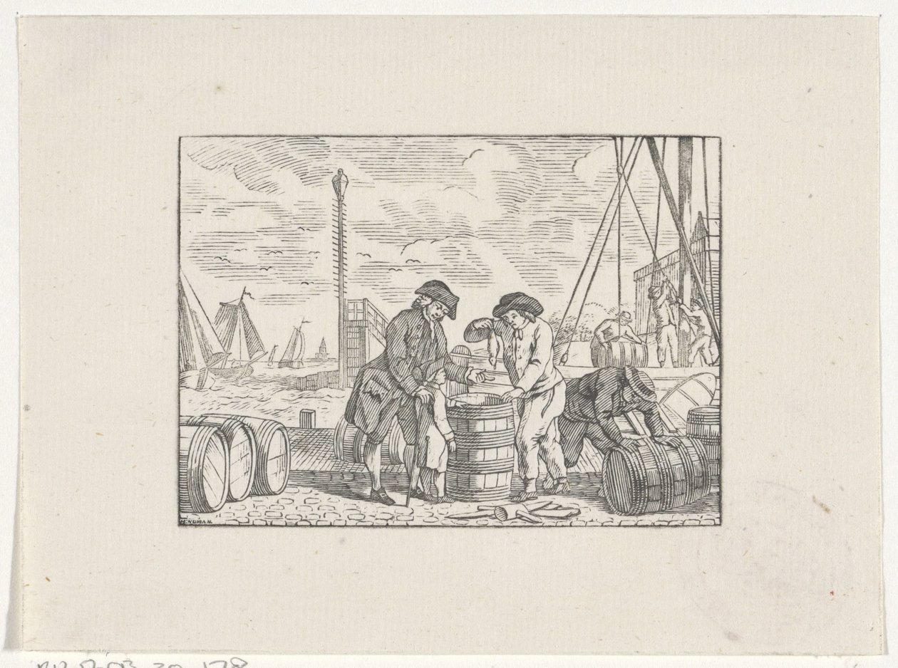 Männer auf einem Kai mit Fässern Fisch bei der Arbeit von Hendrik Numan
