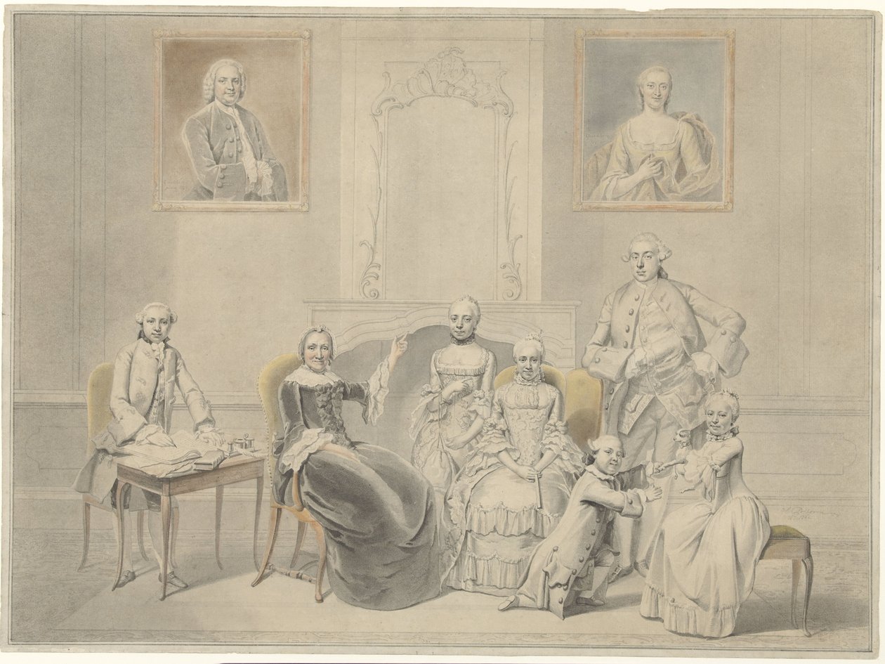 Die Kinder von Pieter Cornelis Hasselaer und Clara Wendela Sautijn, deren Porträts an der Wand hängen, mit ihrer Großmutter Wendela Eleonora Reael von Hendrik Pothoven