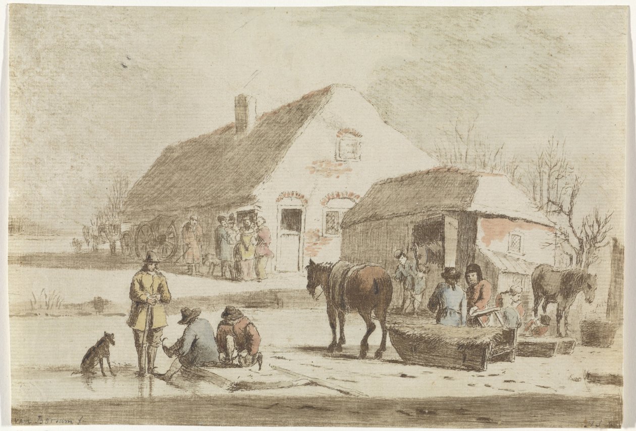 Schlittschuhläufer und ein Schlitten bei einem Bauernhof von Hendrik Spilman