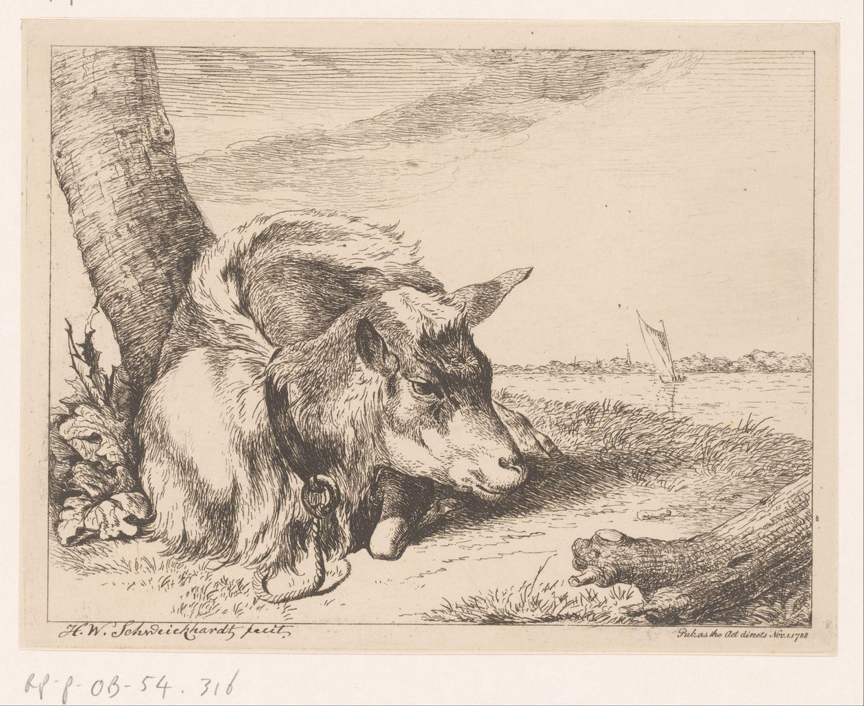 Liegende Ziege am Wasser (Verschiedene Tiere) von Hendrik Willem Schweickhardt