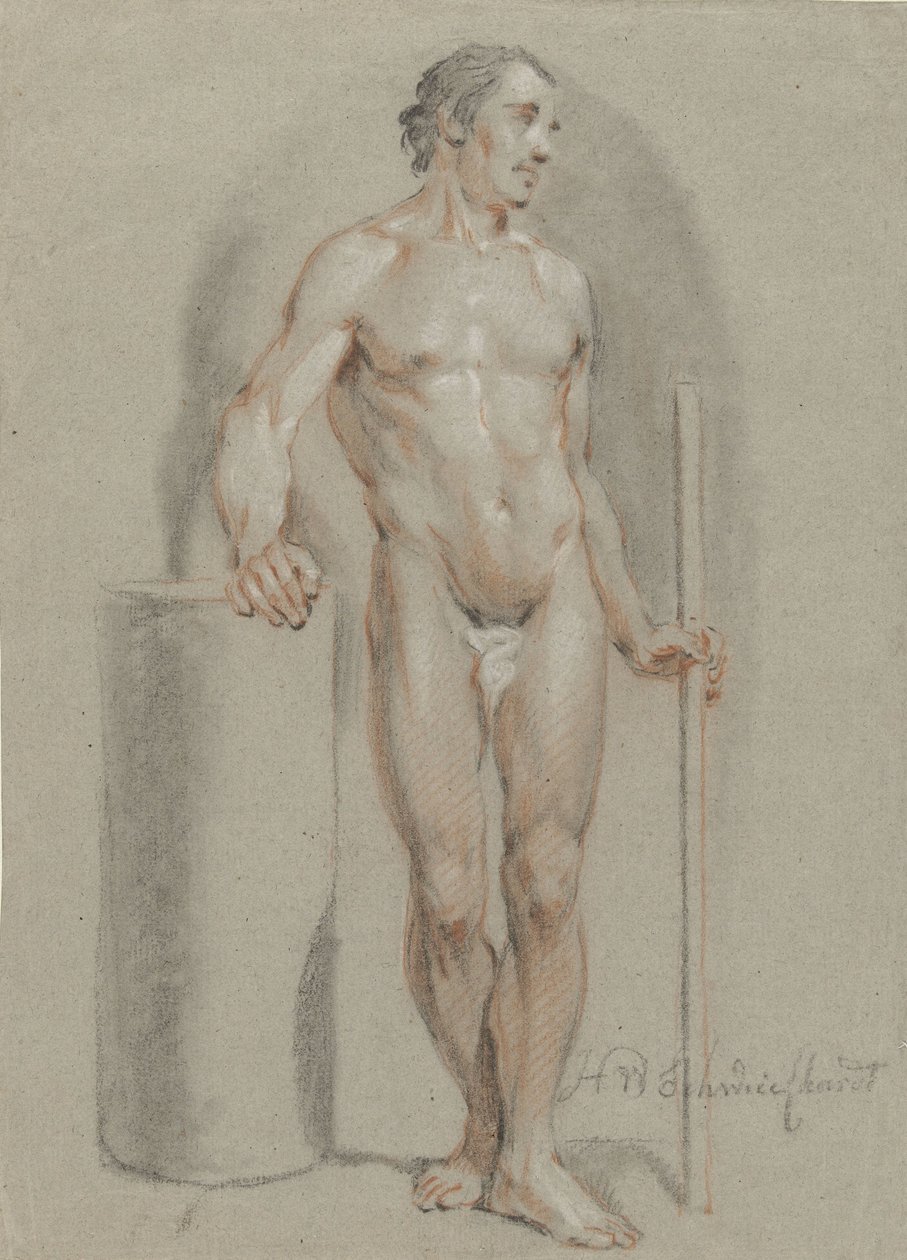 Stehender männlicher Akt, mit einem Stock in der Hand, auf einen Atelierzylinder gestützt von Hendrik Willem Schweickhardt