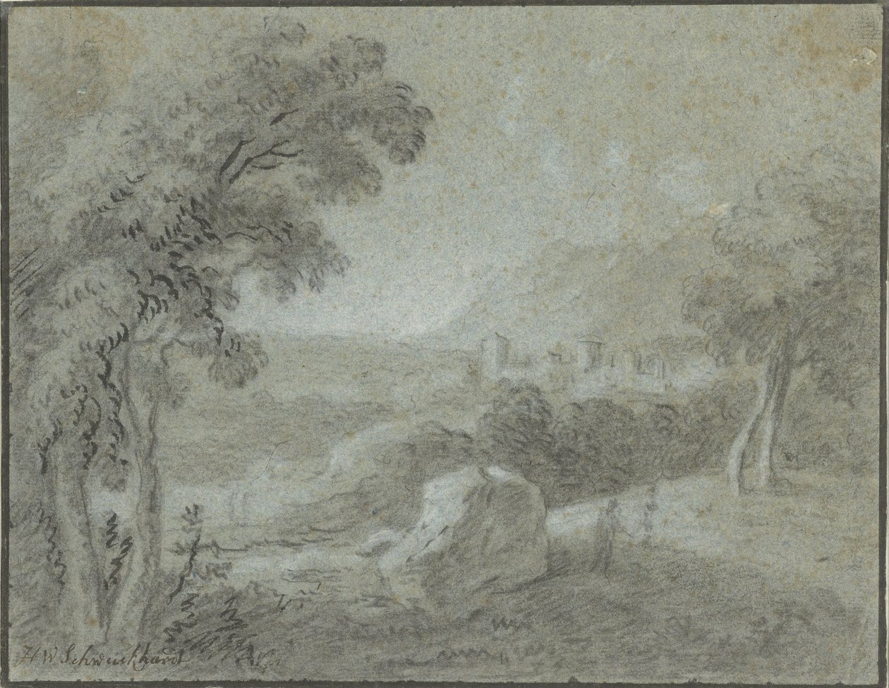 Südliche Hügellandschaft mit einer Stadt in der Ferne von Hendrik Willem Schweickhardt