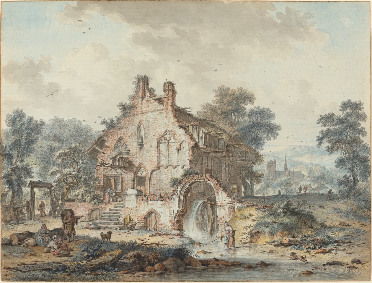 Rustikale Wassermühle in einer gotischen Ruine von Hendrik de Meyer II