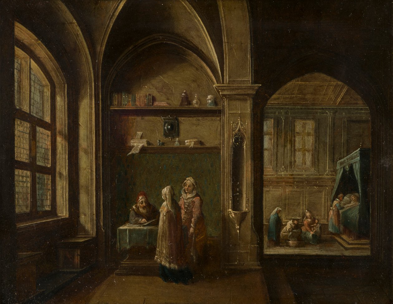 Ein Renaissance-Interieur mit Figuren: Die Geburt des heiligen Johannes von Hendrik the Younger Steenwyck