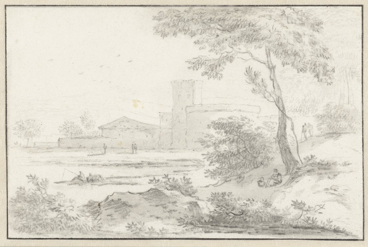 Italienische Landschaft mit befestigtem Gebäude im Hintergrund von Hendrik van der Straaten