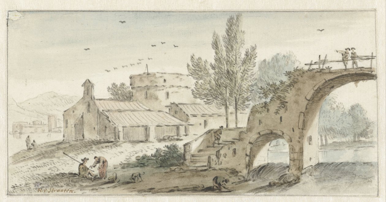 Italienische Landschaft mit einer Steinbrücke von Hendrik van der Straaten