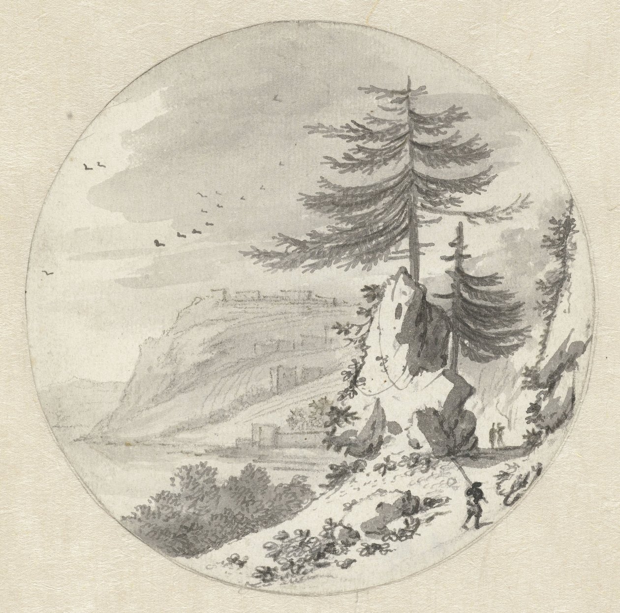 Gebirgige Küstenlandschaft mit einer großen Tanne von Hendrik van der Straaten