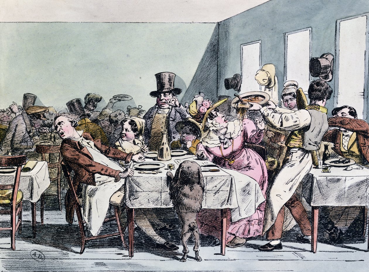 Angenehme Erfahrung einer Familie in einem überfüllten Restaurant, ca. 1860 von Henri Bonaventure Monnier