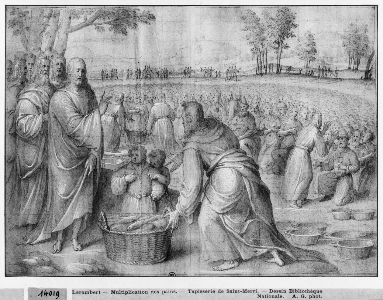 Leben Christi, Vermehrung der Brote und Fische, Vorbereitungsstudie für einen Wandteppichentwurf für die Kirche Saint-Merri in Paris, um 1585-90 von Henri Lerambert
