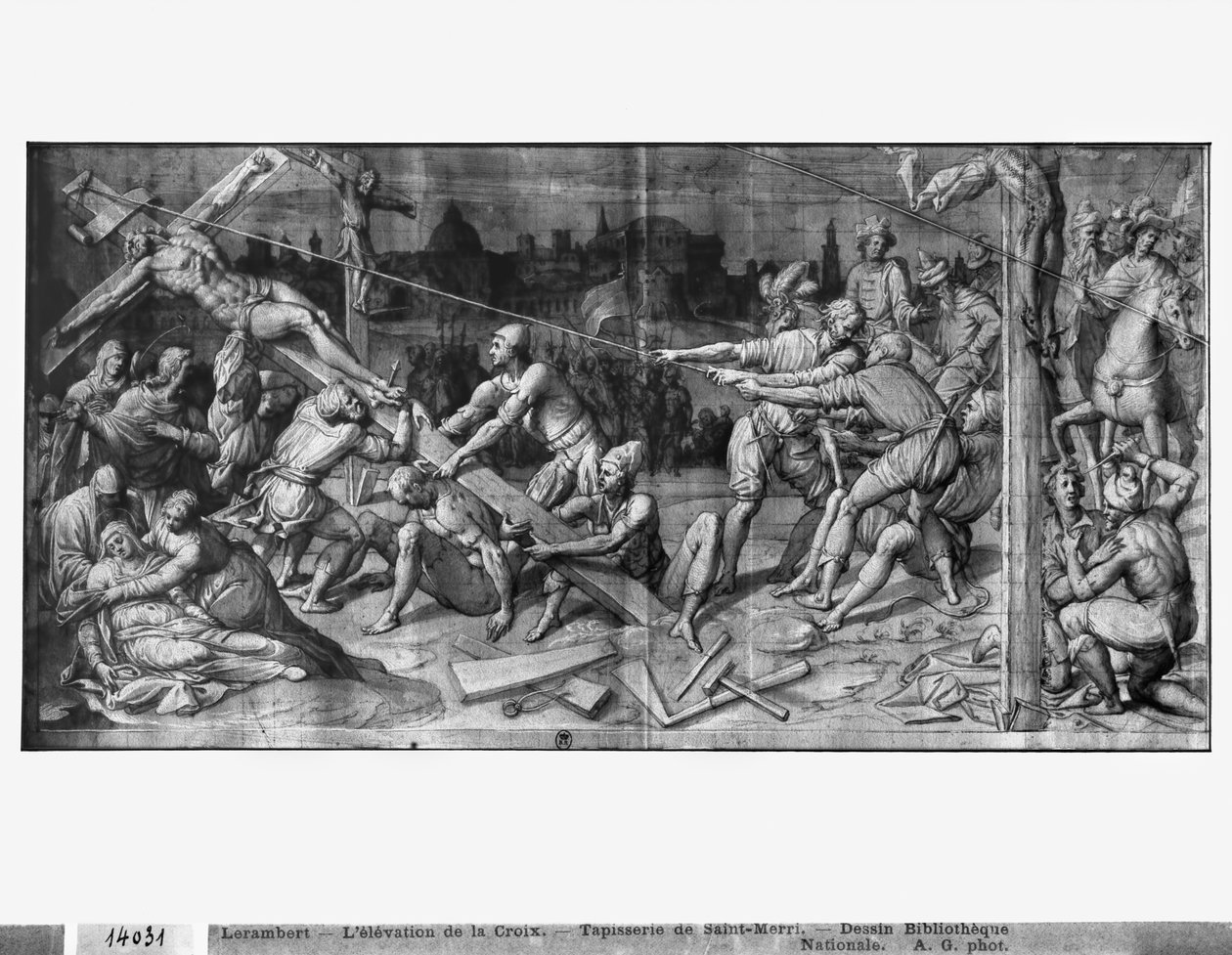 Leben Christi, die Kreuzaufrichtung, vorbereitende Studie für den Wandteppichentwurf für die Kirche Saint-Merri in Paris, ca. 1585-90 von Henri Lerambert