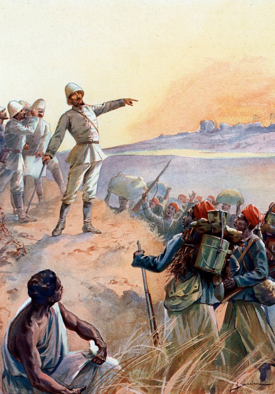 Fachoda-Krise: Hauptmann Jean Baptiste Marchand (1863-1934) und seine senegalesischen Tirailleurs marschieren nach Fachoda im Sudan, um es im Juli 1898 zu einem französischen Protektorat zu machen von Henri Gaston Darien