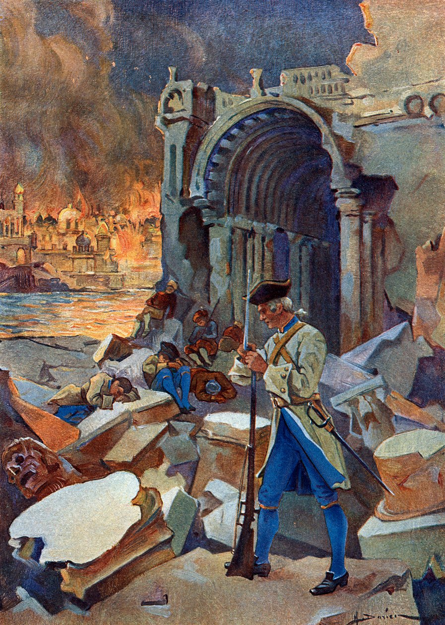Indienfeldzug (1778-1783): Ansicht der Schlacht von Trinquemalay im August 1782 in Ceylon, zwischen der französischen Armee von Suffren und den Briten von Admiral Hugues von Henri-Gaston Darien