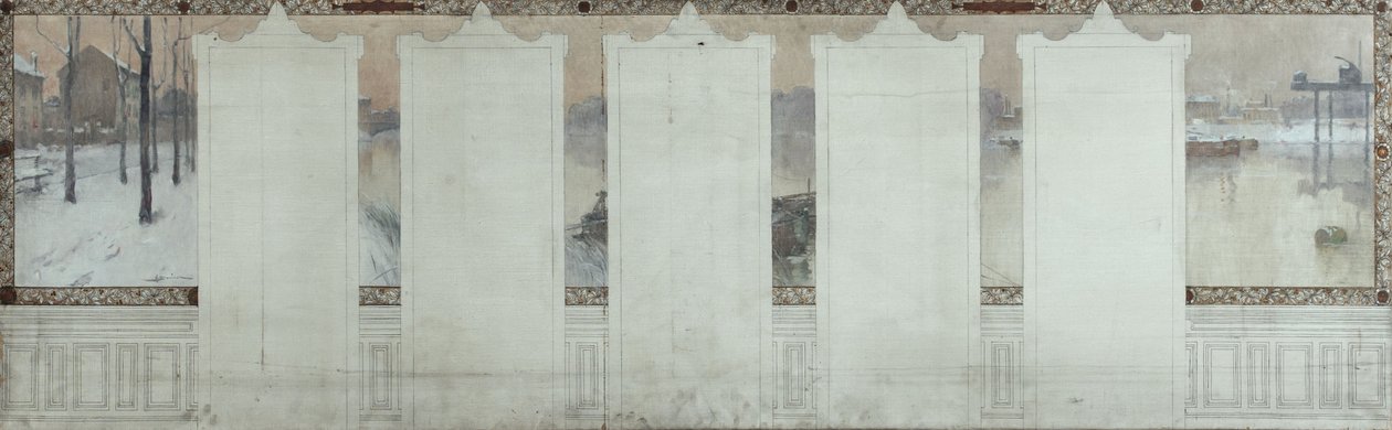 Skizze für das Rathaus von Asnières: Winter. Die Seine bei Asnières, ca. 1900 von Henri Gaston Darien