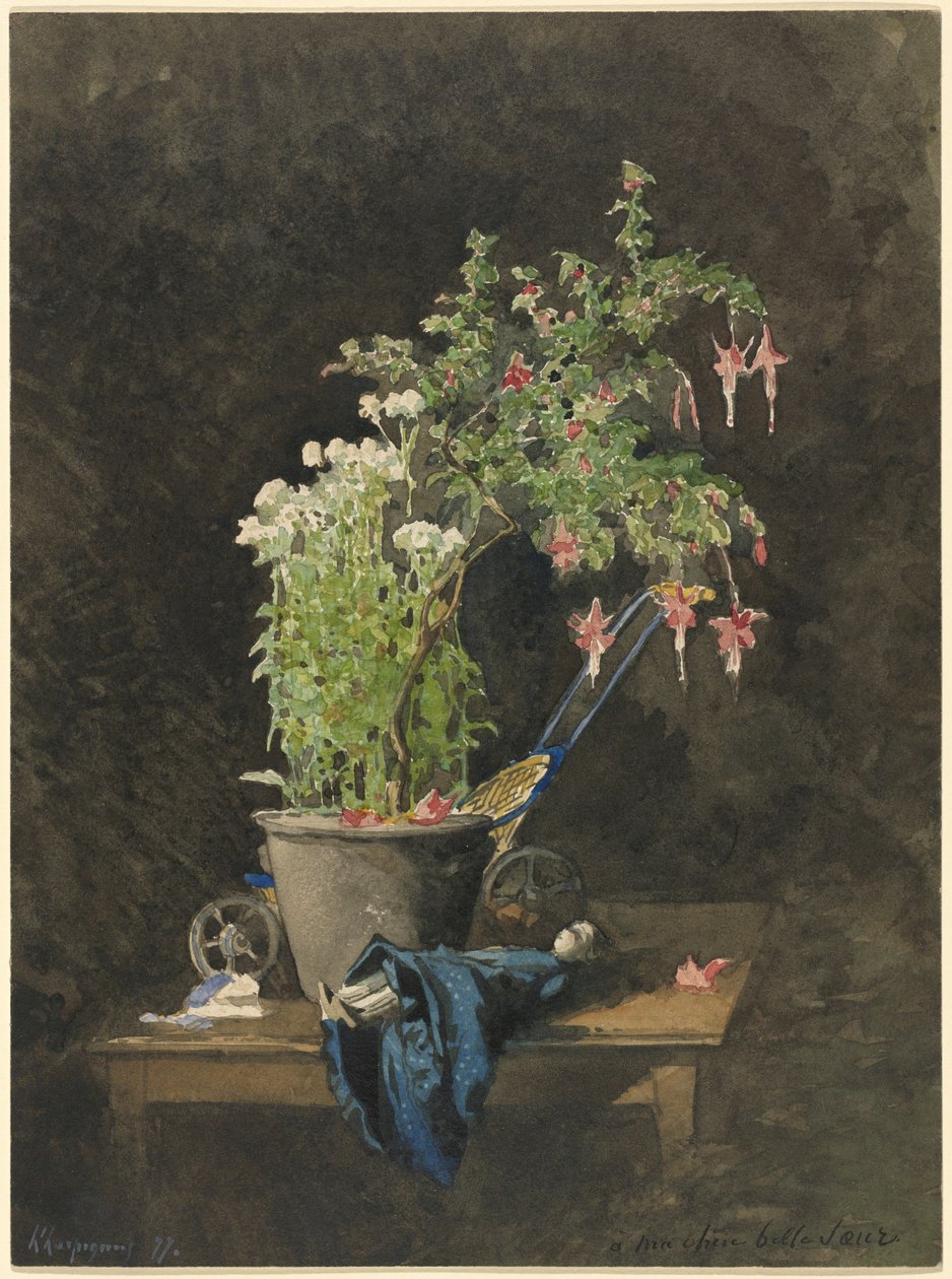 Ein getopfter Fuchsie mit Kinderspielzeug von Henri-Joseph Harpignies