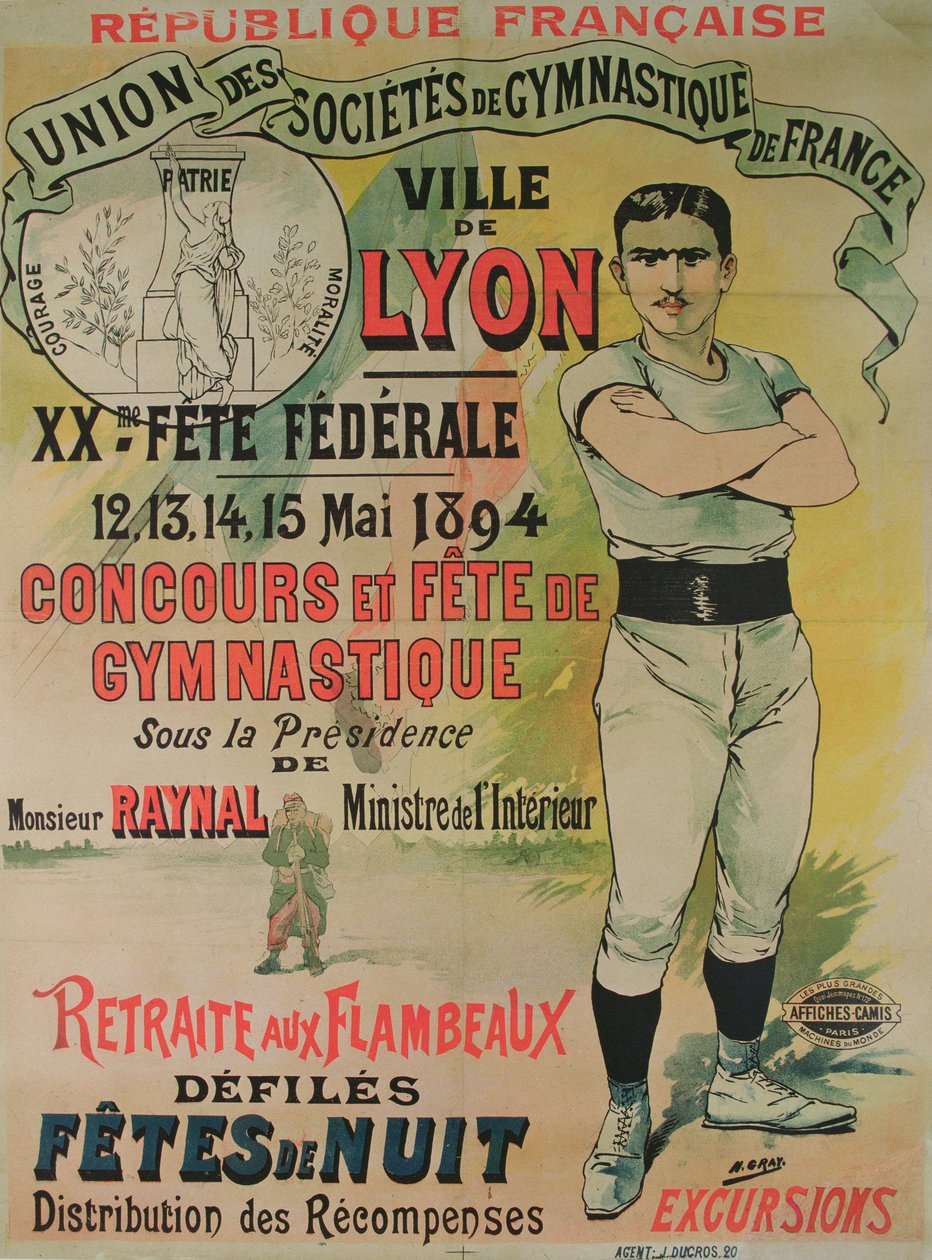 Plakat, das einen Gymnastikwettbewerb in Lyon bewirbt von Henri  Gray