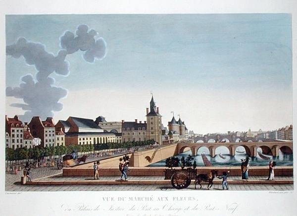 Ansicht des Blumenmarktes beim Palais de Justice, ca. 1816-20 (farbige Gravur) von Henri (after) Courvoisier Voisin