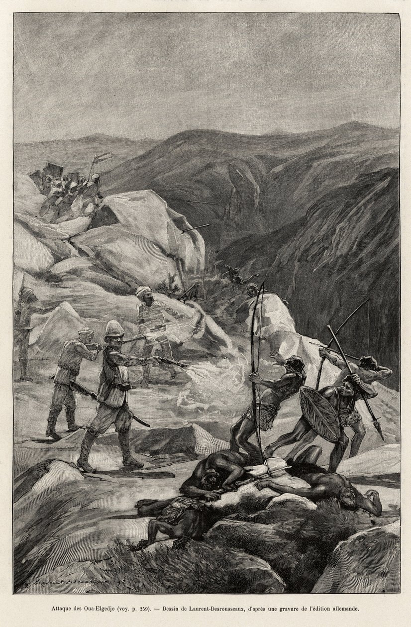 Oua-Elgedjo Angriff. Gravur von Laurent Desrousseaux zur Illustration der Geschichte „Au secours d