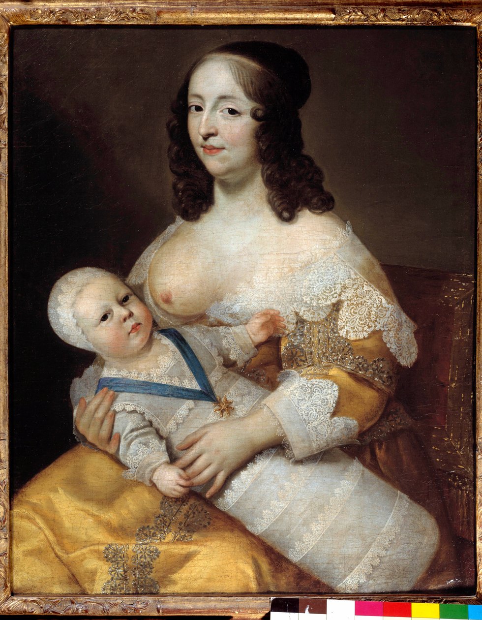 Darstellung des zukünftigen Königs Ludwig XIV. (1638-1715) als Baby im Badeanzug in den Armen seiner Amme Marie de Longuet de la Giraudiere von Henri Beaubrun