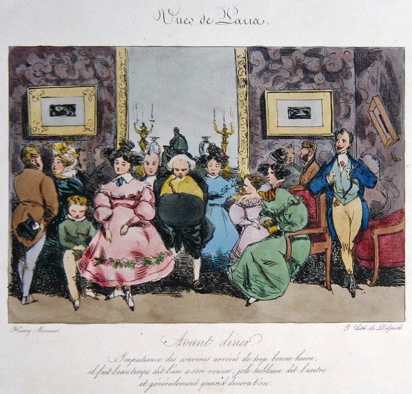 Humorvolle Darstellung des Verhaltens und Gesprächs der Gäste vor dem Abendessen, graviert von François Séraphin Delpech (1778-1825) von Henri Bonaventure (after) Monnier