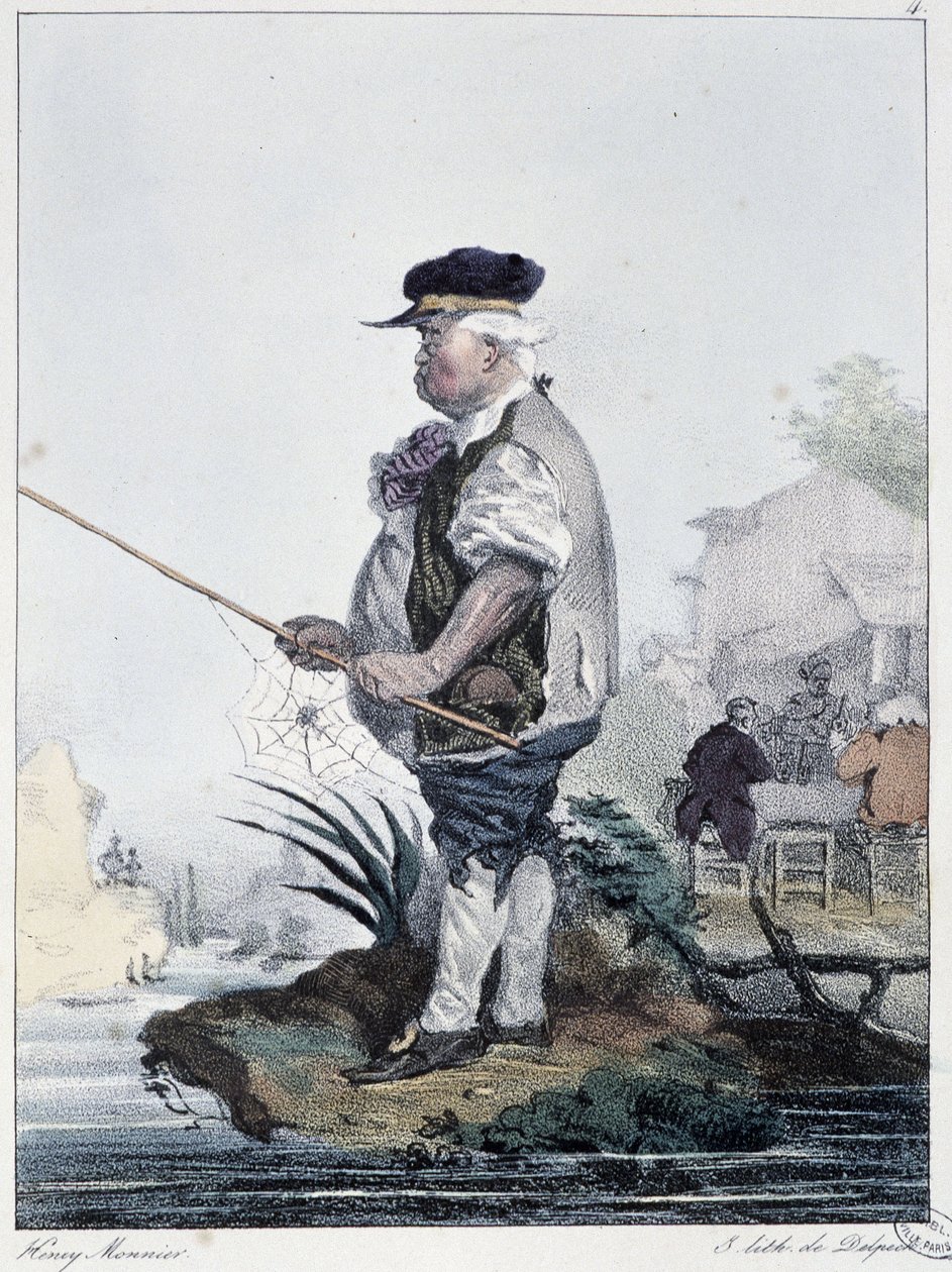 Mann beim Angeln: „Jeder nimmt sein Vergnügen, wo er es findet“ - in „Les pastemps“ von Henri Monnier, ed. Delpech, Paris von Henri Bonaventure Monnier