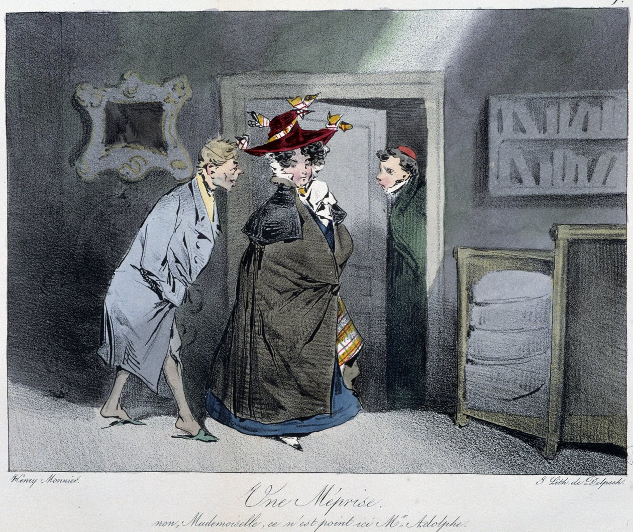 Une méprise: „Nein, Mademoiselle, hier ist nicht Monsieur Rodolphe“ - in „Esquisses parisiennes“ von Henri Monnier, ed. Delpech, Paris von Henri Bonaventure Monnier
