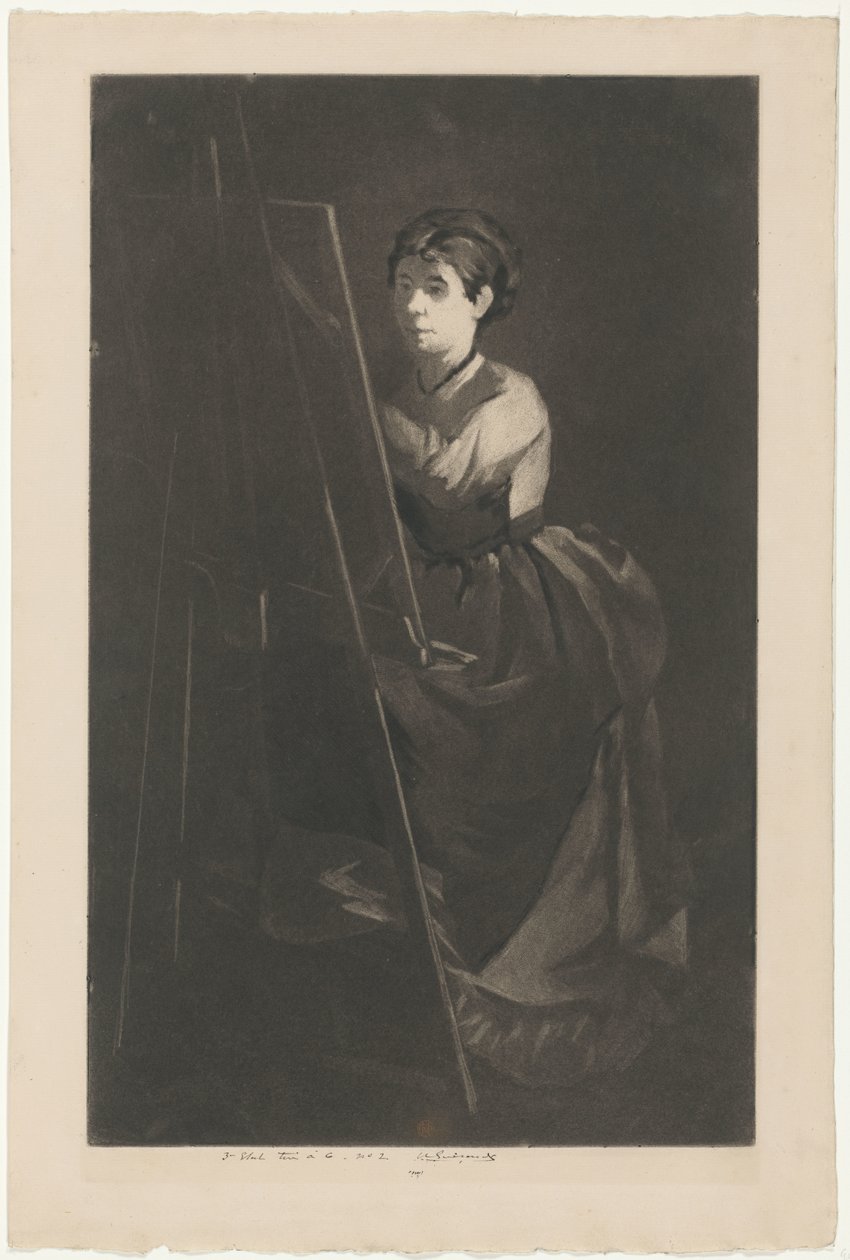Porträt von Eva Gonzalès vor einer Staffelei von Henri Charles Guérard (signed by artist)