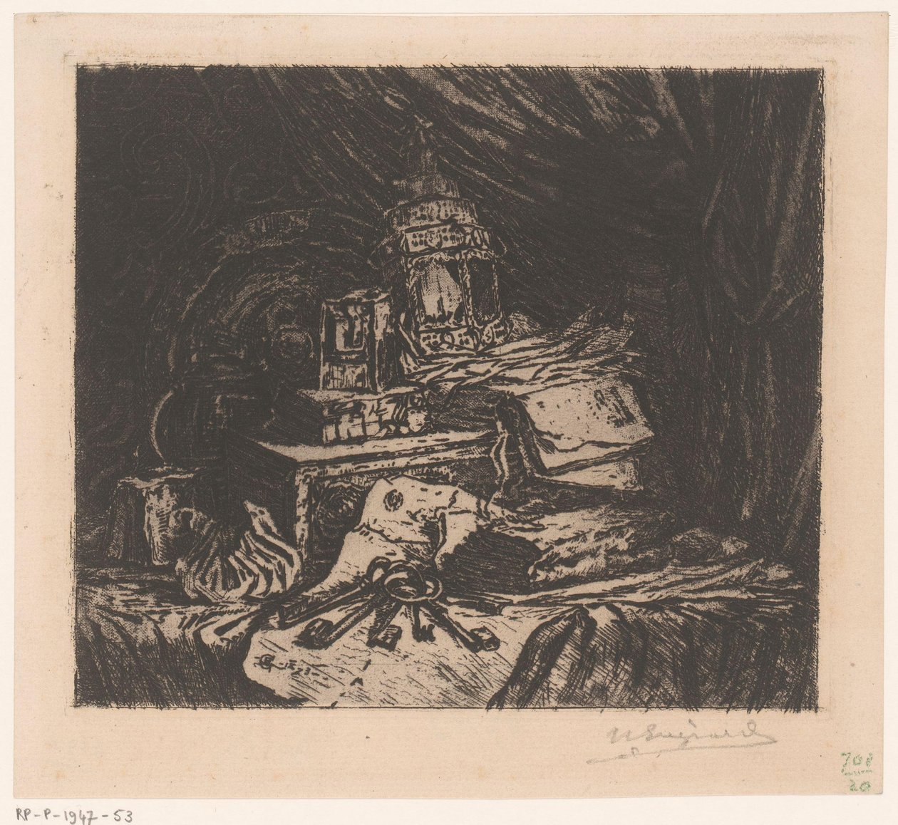 Stillleben mit Schlüsseln und Laterne von Henri Charles Guérard (signed by artist)