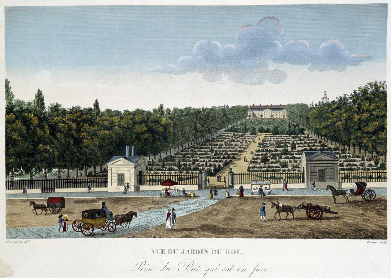 Ansicht des Jardin du Roi (Pflanzengarten) von der gegenüberliegenden Brücke aus - in „Views of Paris“ von Courvoisier von Henri Courvoisier Voisin