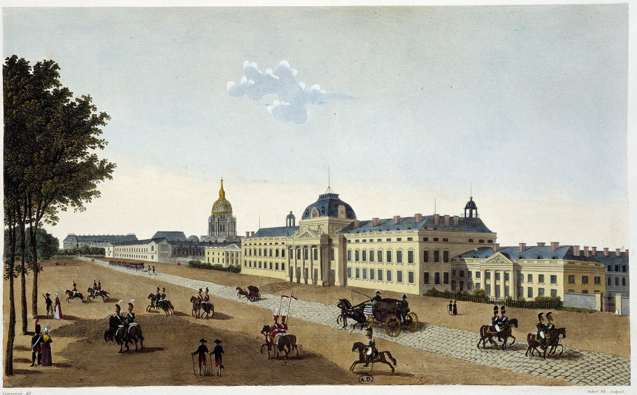Ansicht der Militärschule auf der Seite des Champs de Mars, um 1820 - in „Vues de Paris“ von Courvoisier von Henri Courvoisier Voisin