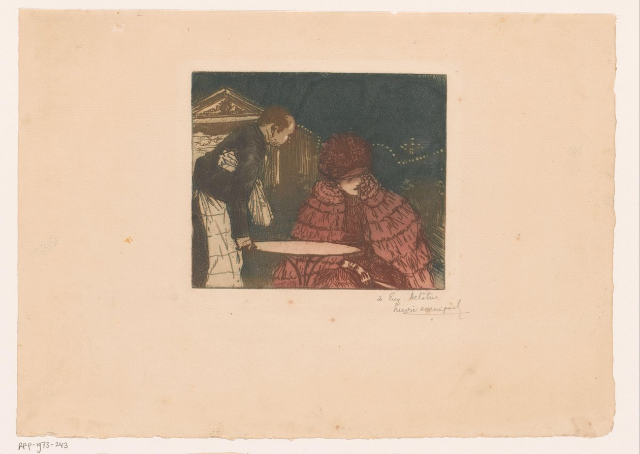 Frau auf einer Terrasse mit Kellner von Henri Evenepoel (signed by artist)