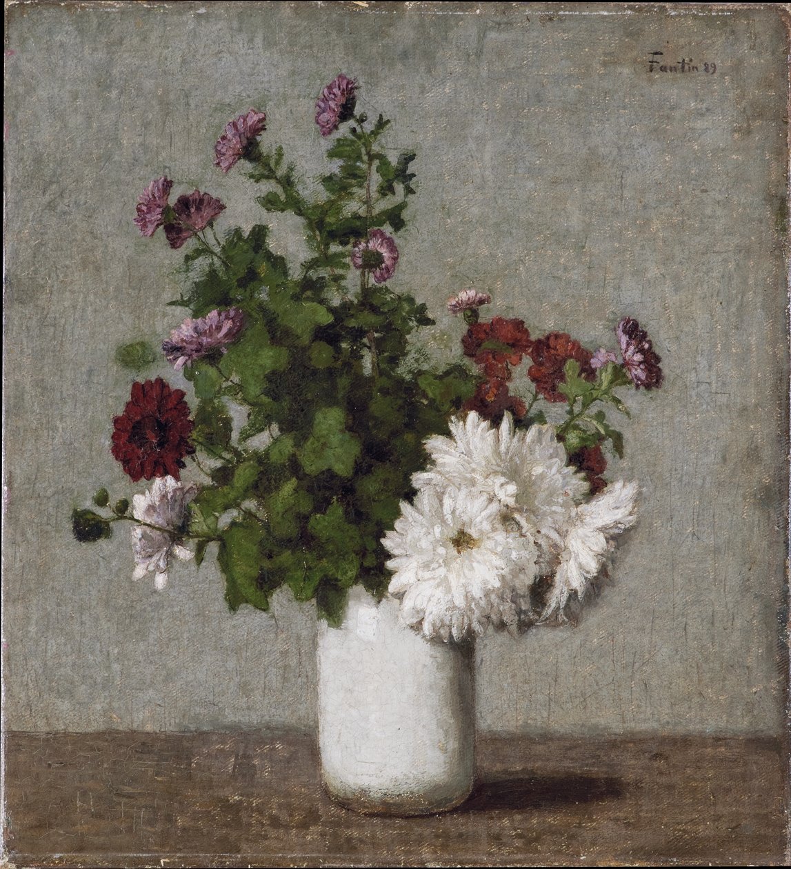 Blumenstillleben: Herbstchrysanthemen in einer weißen Vase von Henri Fantin-Latour