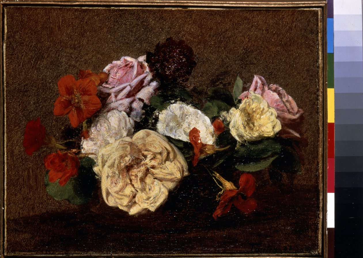 Rosen und Kapuzinerkresse in einer Vase von Ignace Henri Jean Fantin Latour