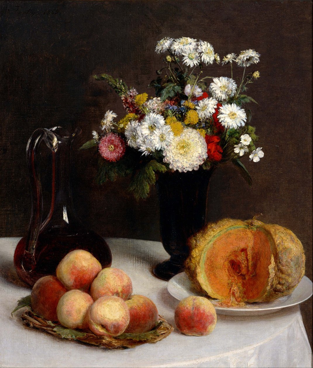 Blumen und Früchte, Stillleben mit Weingefäß von Henri Fantin-Latour