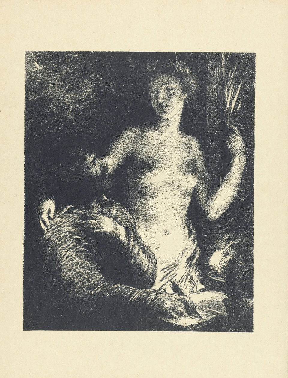 Mann sitzt mit Feder in der Hand und aufgeschlagenem Buch, neben ihm stehende nackte Frau als Muse oder Inspiration von Ignace Henri Jean Fantin Latour