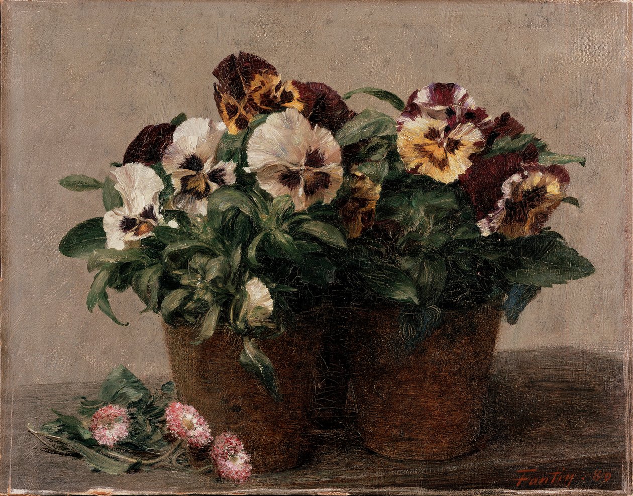Stillleben: Stiefmütterchen und Gänseblümchen von Ignace Henri Jean Fantin Latour