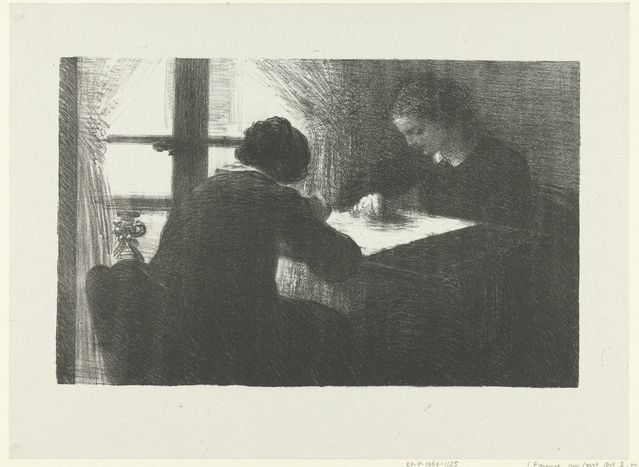 Zwei Frauen sticken am Tisch bei einem Fenster im Innenraum von Ignace Henri Jean Fantin-Latour