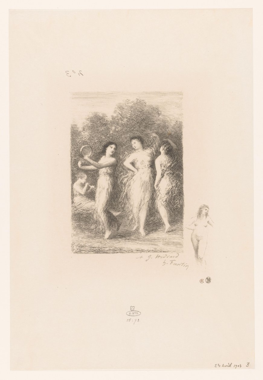 Vier junge Frauen tanzen und machen Musik von Ignace Henri Jean Fantin Latour