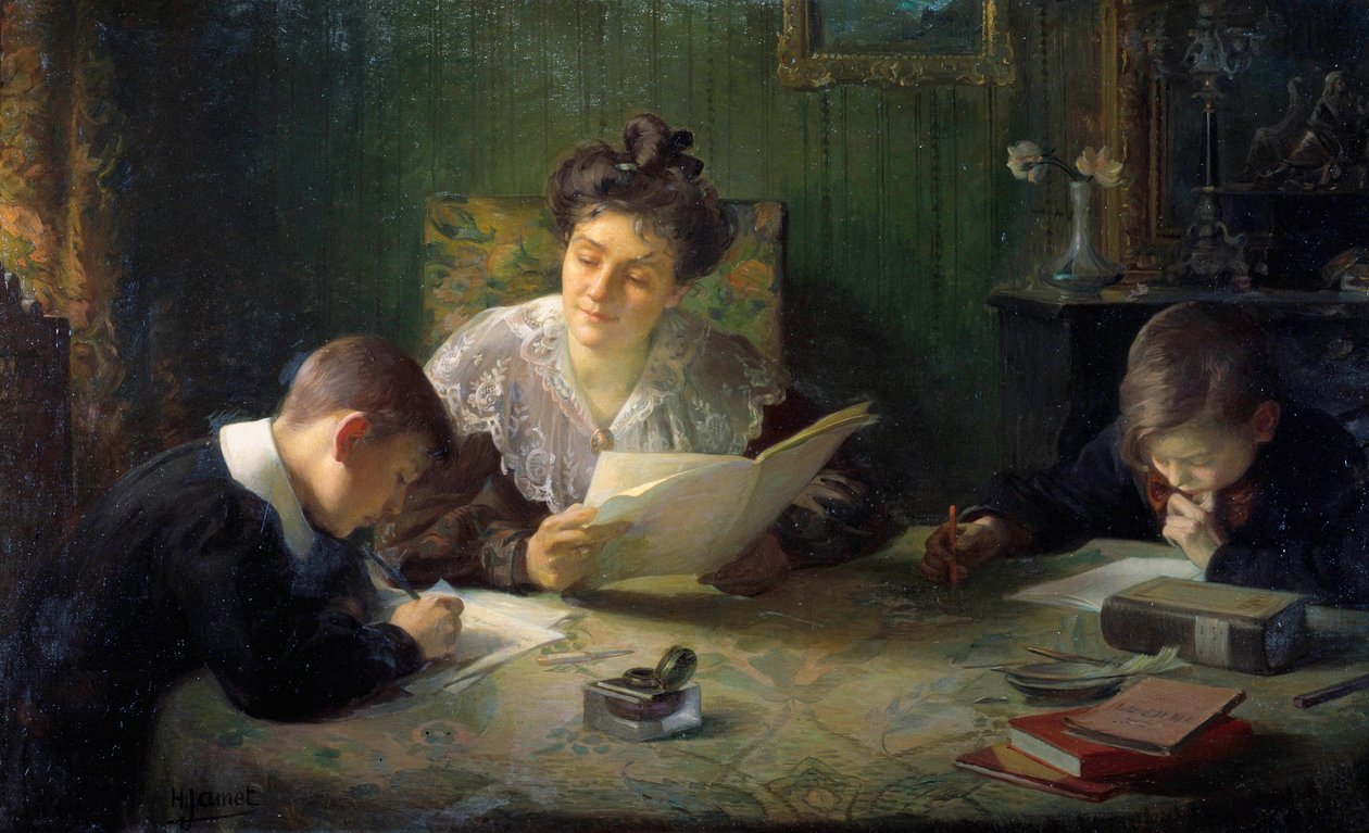 Hausaufgaben. Eine Mutter hilft den Kindern bei den Hausaufgaben. Gemälde von Henri Jamet (1858-1940) 20. Jahrhundert Orleans, Musée des Beaux-Arts von Henri Jamet