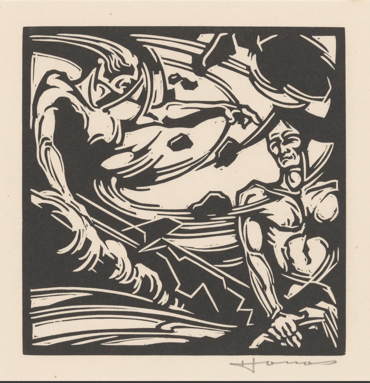 Zwei nackte Männer bei einer wirbelnden Luftmasse von Henri Jonas (signed by artist)