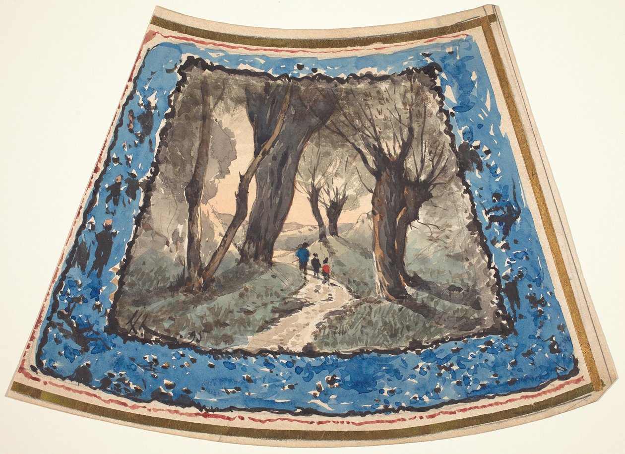 Reisende auf einem bewaldeten Pfad mit einer Umrandung von skurrilen Figuren und Affen von Henri Joseph Harpignies