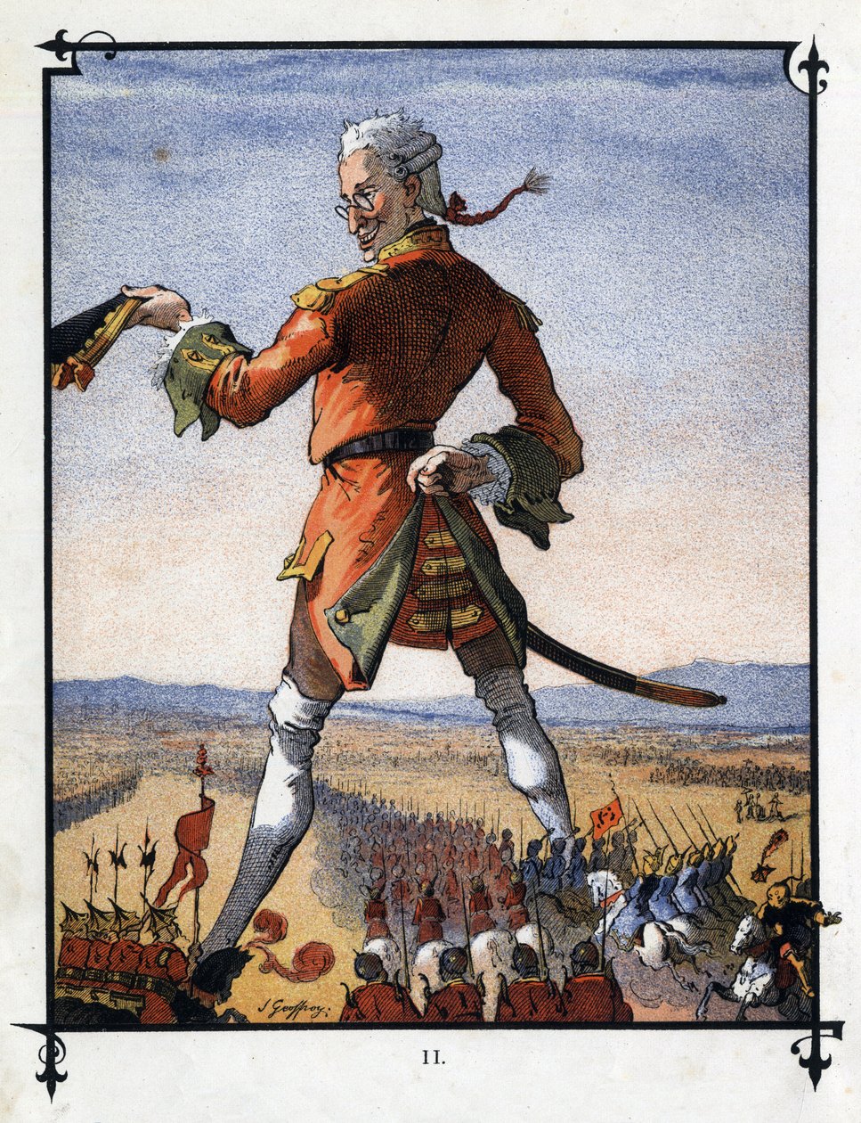 Lemuel Gulliver kommandiert die Armee der Lilliputaner. Illustration für „Gullivers Reisen“ von Jonathan Swift (1667-1745) von Henri Jules Jean Geoffroy